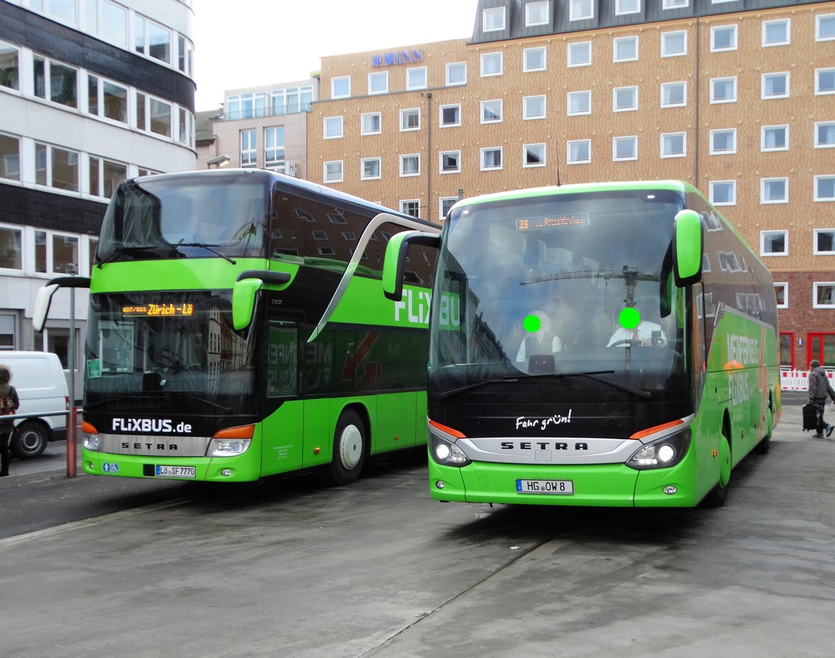 Flixbus Setra 4000er Serie Doppeldecker und 5000er am 14.01.17 in Frankfurt am Main Hbf Südseite Fernbusbahnhof