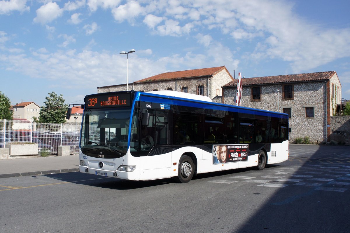 Frankreich / Stadtbus Marseille: Mercedes-Benz Citaro Facelift (Wagen 1202) von RTM (Régie des Transports Metropolitains) Marseille, aufgenommen im April 2017 an der Metrostation  Bougainville  in Marseille.