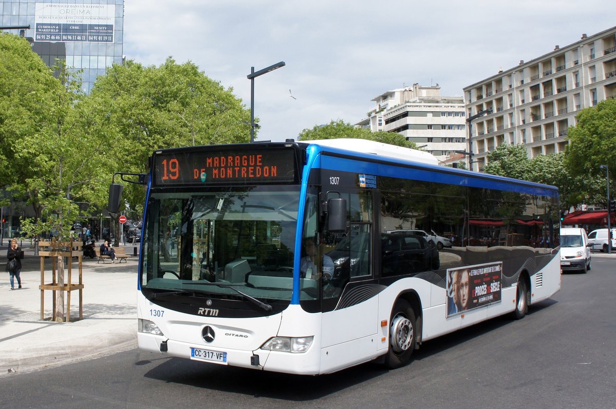 Frankreich / Stadtbus Marseille: Mercedes-Benz Citaro Facelift (Wagen 1307) von RTM (Régie des Transports Metropolitains) Marseille, aufgenommen im April 2017 an der Metrostation  Rond-Point du Prado  in Marseille.