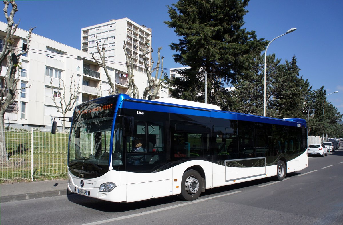 Frankreich / Stadtbus Marseille: Mercedes-Benz Citaro C2 (Wagen 1360) von RTM (Régie des Transports Metropolitains) Marseille, aufgenommen im April 2017 an der Metrostation  La Rose - Technopôle de Château-Gombert  in Marseille.