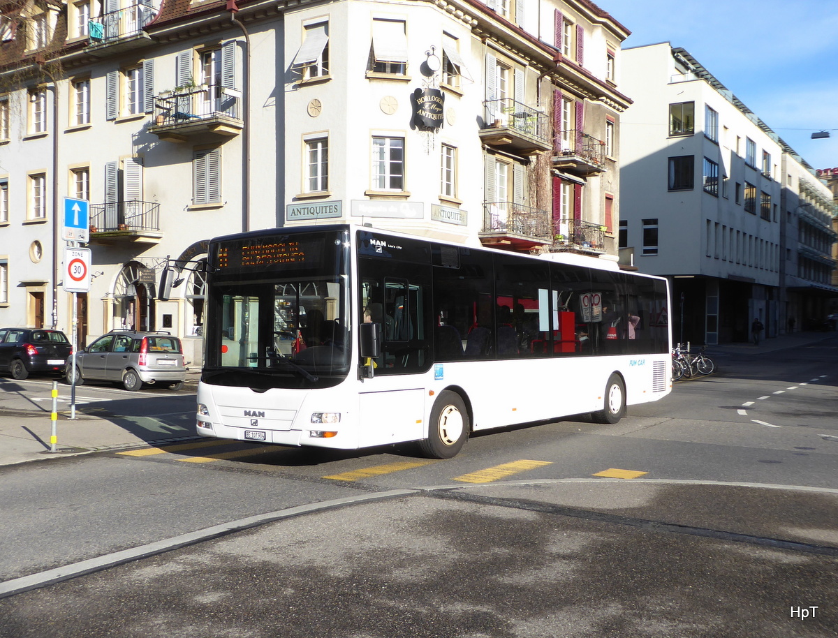 Funi Car - MAN Lion`s City  BE  107904 unterwegs auf der Linie 11 in Biel am 10.04.2018