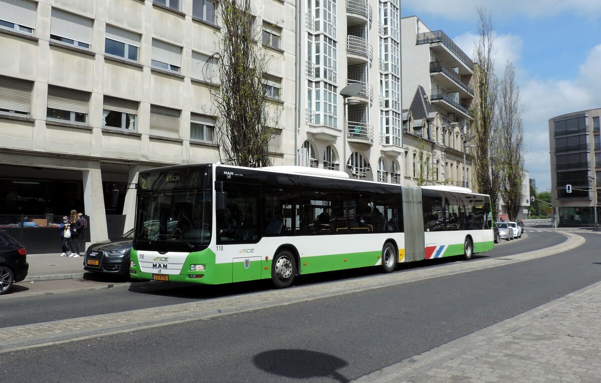 FZ 8791, M.A.N Lion's City G, Wagen 118, am 20. Mai 2021 auf der Linie 2 beim Hauptbahnhof abgelichtet.