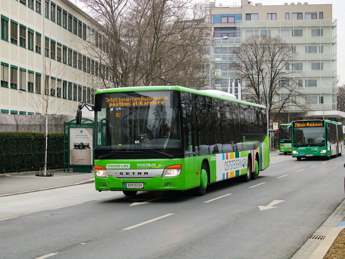Graz. Am 01.03.2023 konnte ich den Postbus BD 15028 als Dienstfahrt bei der Österreichischen Gesundheitskasse fotografieren.
