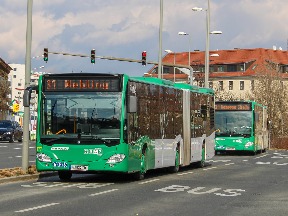 Graz. Am 08.03.2021 war Wagen 177 der Graz Linien auf der Linie 31, hier bei Don Bosco.