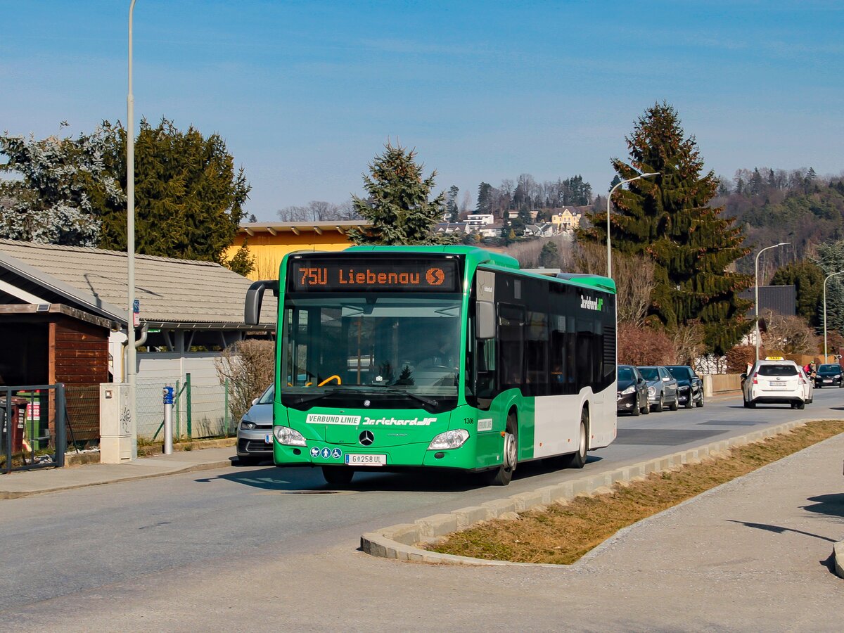 Graz. Am 22.02.2023 konnte ich einen Citaro 2 von Dr. Richard Steiermark als Linie 75U kurz vor der Haltestelle Sternäckerweg/Neufeldweg in Fahrtrichtung Liebenau fotografieren.