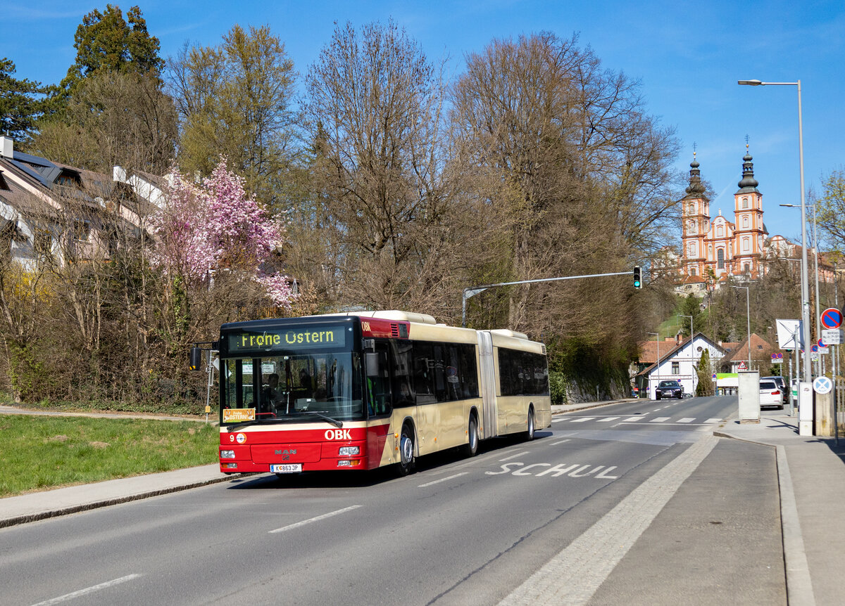Graz. Am 5. April 2026 war f�r Sonderfahrten ein MAN A23 NG313 zu Gast in Graz. Hier zu sehen in der Mariatroster Stra�e vor der Basilika Mariatrost