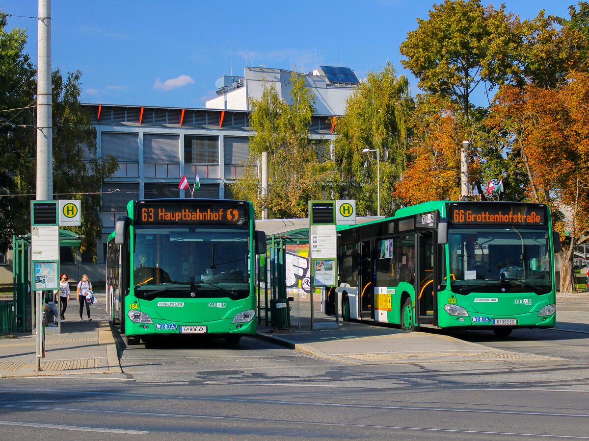 Graz. Am späten Nachmittag des 28.09.2023 stehen hier Wagen 184 und 102 der Graz Linien in der Schleife Schulzentrum St. Peter.