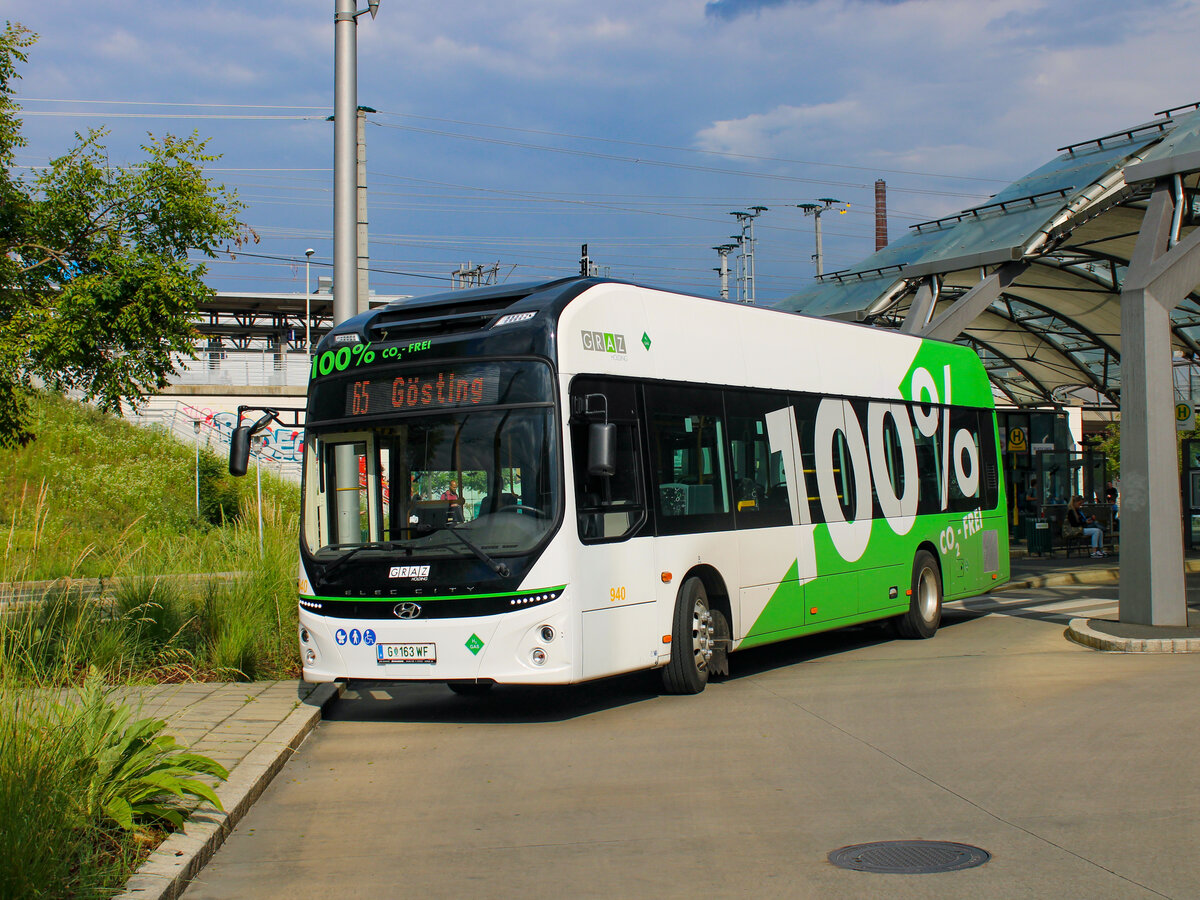 Graz. Das Interesse an alternativen Antriebstechnologien im Planbetrieb ist auch in Graz schon lange angekommen. Nach einem mehrjährigen Elektrobus-Projekt bis ins Jahr 2018/2019, setzten die Graz Linien ab 2023 einen Wasserstoffbus von Hyundai im Liniennetz ein. Am 15.06.2023 war dieser auf der Linie 65 als Zusatzkurs unterwegs, hier in Puntigam.