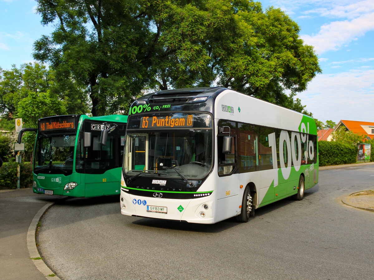 Graz. Das Interesse an alternativen Antriebstechnologien im Planbetrieb ist auch in Graz schon lange angekommen. Nach einem mehrjährigen Elektrobus-Projekt bis ins Jahr 2018/2019, setzten die Graz Linien ab 2023 einen Wasserstoffbus von Hyundai im Liniennetz ein. Am 15.06.2023 war dieser auf der Linie 65 als Zusatzkurs unterwegs, hier in Gösting.