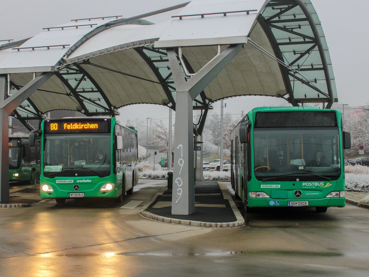 Graz. Den wohl dienstältesten Bus in Graz findet man bei der ÖBB Postbus AG: Der Wagen BD 12828 ist der noch der Einzige O 530 Facelift bei der Postbus-Verkehrsstelle in Graz. Am 25.11.2020 war der Bus auf der Linie 630 anzutreffen, hier in Puntigam neben einem Citaro 2 von Watzke.