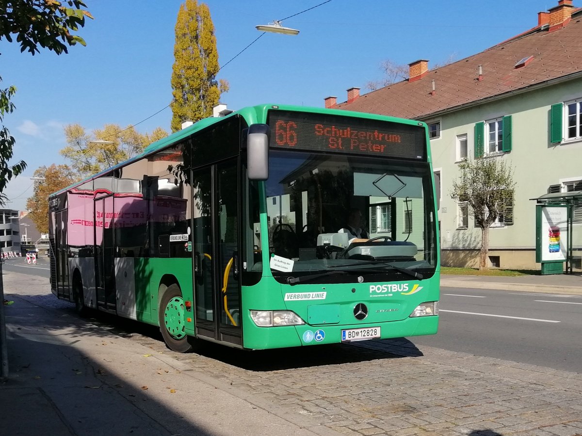 Graz. Der Citaro FL von Postbus fuhr im Oktober
2019 auf der Linie 66. Hier zu sehen ist der
Bus bei der Haltestelle Fliedergasse. 