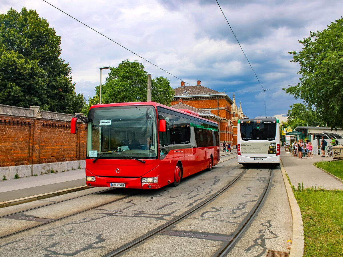 Graz. Ein ehemaliger GKB Irisbus Crossway ist hier am 14.07.2023 als Line 630 am Zentralfriedhof zu sehen.