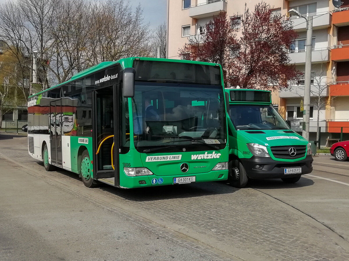Graz. Ein Foto, welches so schon lange historisch ist: Am 8. April 2019 stehen zwei Busse der Firma Watzke (heute: Dr. Richard) im Schulzentrum St. Peter. Der Citaro K (W1006) wurde noch im selben Jahr ausgemustert.