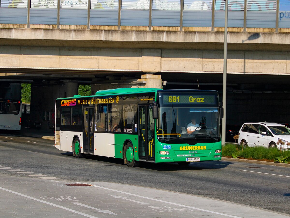 Graz. Ein MAN Lion's City von Grünerbus ist hier am 20.06.2023 als Linie 681 in Graz Don Bosco zu sehen.