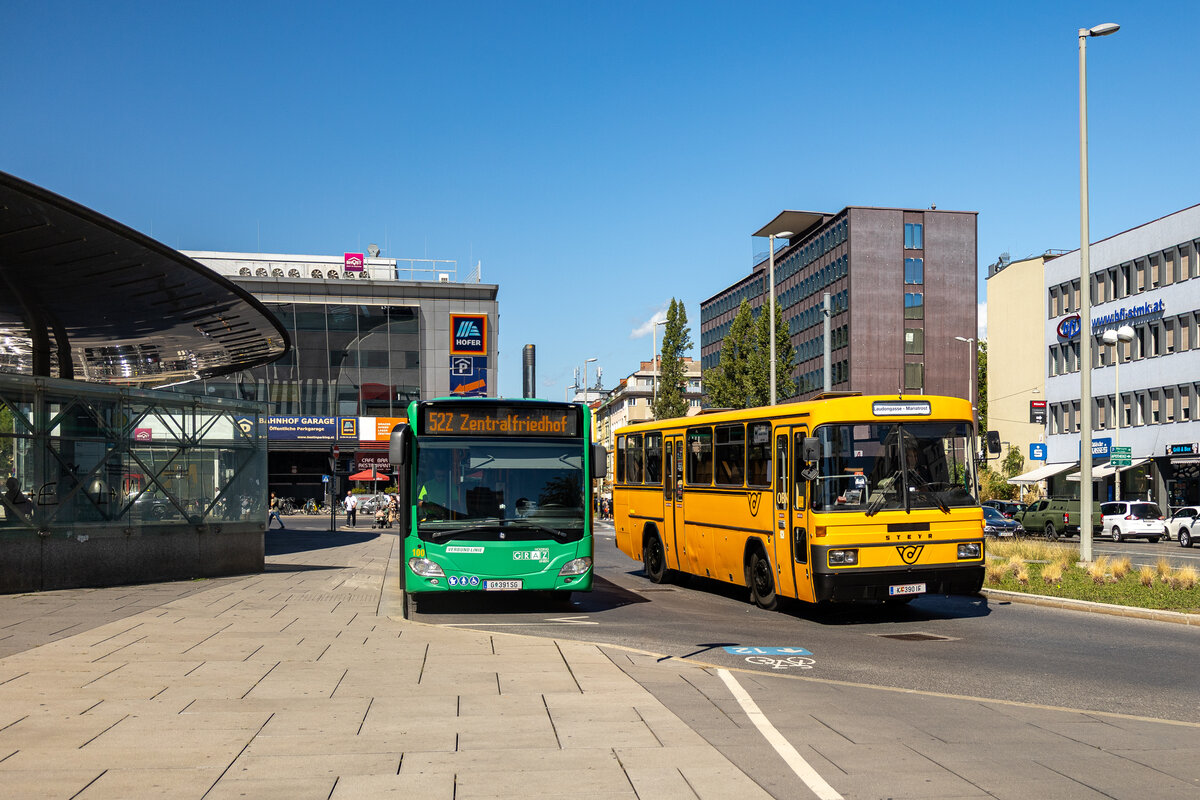 Graz. Generationentreffen am Europaplatz: Am 06.09.2026 treffen ein Citaro und ein Steyr SML14 aufeinander.