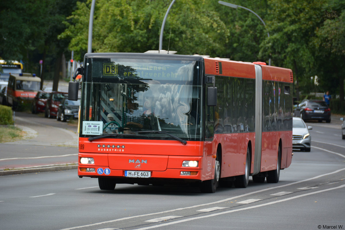 H-FE 603 ist am 05.08.2018 für die S-Bahn Berlin GmbH als SEV unterwegs. Aufgenommen wurde ein MAN / Bahnhof Wannsee.