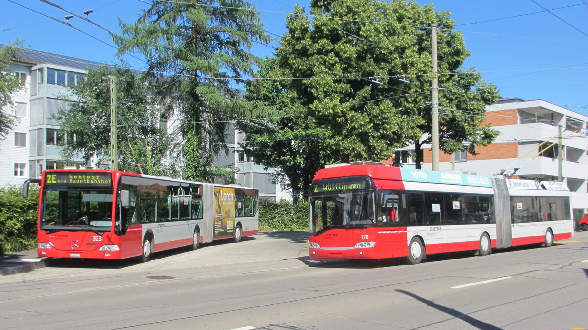 Haltestelle Waldegg am 24.6.2015. Stadtbus Nr. 323, Mercedes Citaro, ist bereits Geschichte; Stadtbus Nr. 178, Solaris Trollino, wird wahrscheinlich auf Ende 2022 sein Betriebsende erreichen.