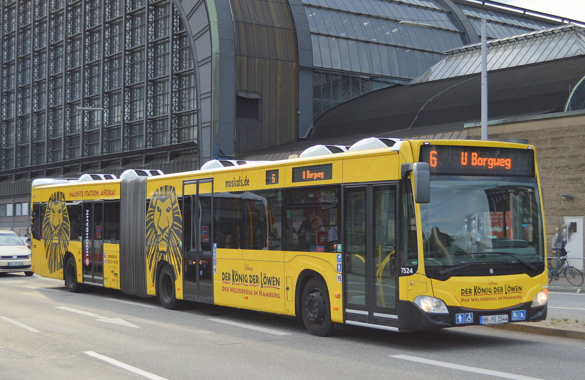 Hamburger Hochbahn AG (HHA) mit MB Citaro G  C2  (Bj. 2015) Wagen 7524 Linie 6 am 18.06.19 Hamburg Hbf.