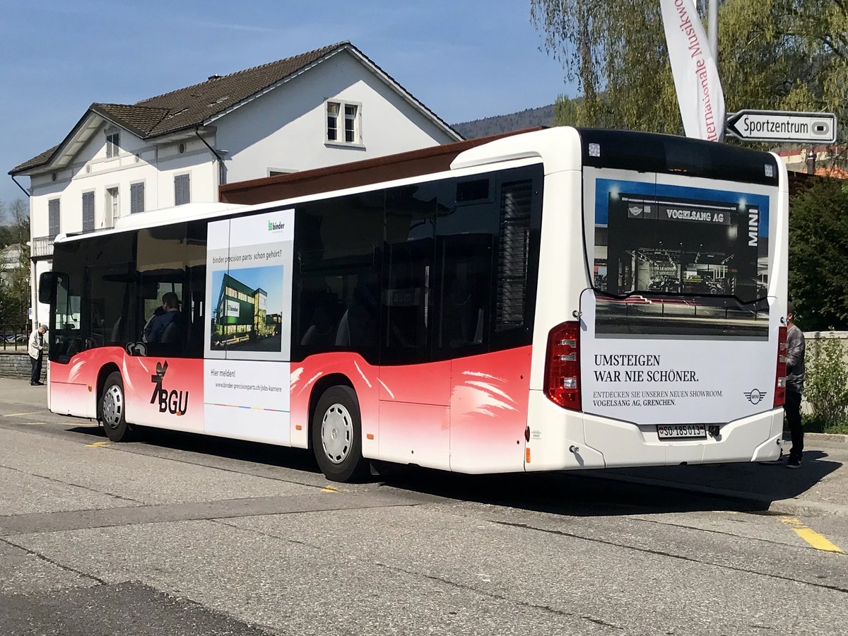 Heck des Diesel C2 Ü Nr. 20 der BGU am 21.4.18 beim Bhf Grenchen Süd.