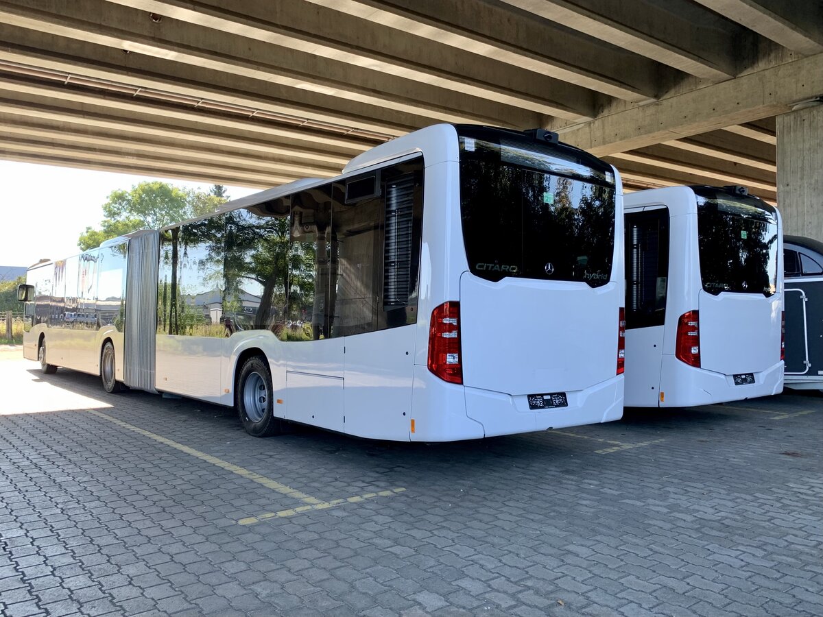 Heckansicht der beiden neuen MB C2 G Ü hybrid '11737' und 11736' für PostAuto Regie Delemont am 24.9.21 bei Interbus Kerzers.