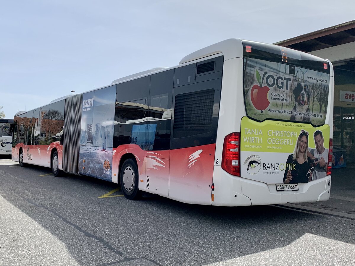 Heckansicht des MB C2 G Nr. 8 der BGU am 13.4.22 beim Bahnhof Grenchen Süd.