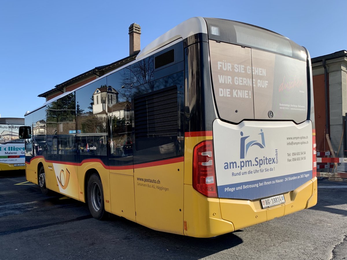 Heckansicht des MB C2 K '10694' Ortsbus Wohlen vom PU Geissmann Bus AG, Hägglingen am 24.3.21 beim Bahnhof Wohlen.