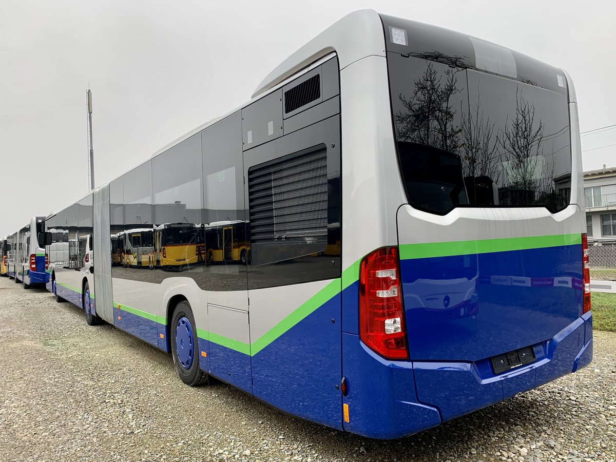 Heckansicht eines neuen MB C2 G für die TPL, am 11.11.20 bei Evobus in Winterthur.