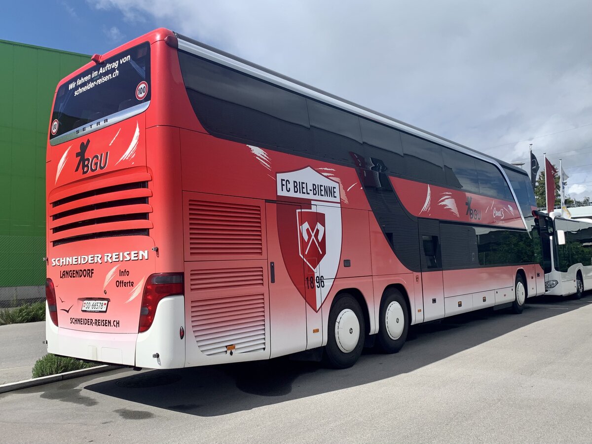 Heckansicht der Setra 431 DT Nr. 9 der BGU am 17.5.21 bei Interbus in Kerzers.