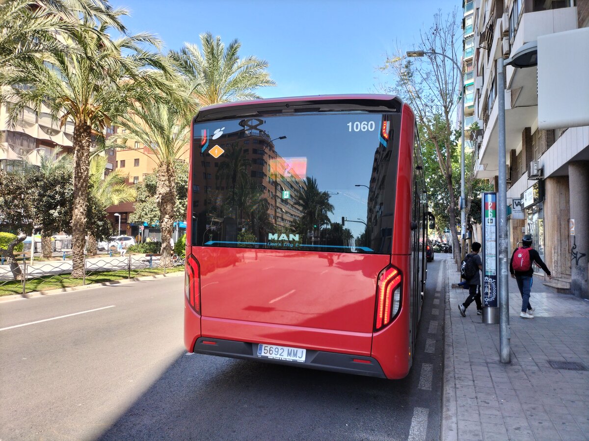 Heckansicht vom Wagen 1060 vom Typ MAN Lion's City 12 E. Das Neufahrzeug bedient die Haltestelle Esplá - Sempere als Linie 2 in Alicante am 10.04.2024.