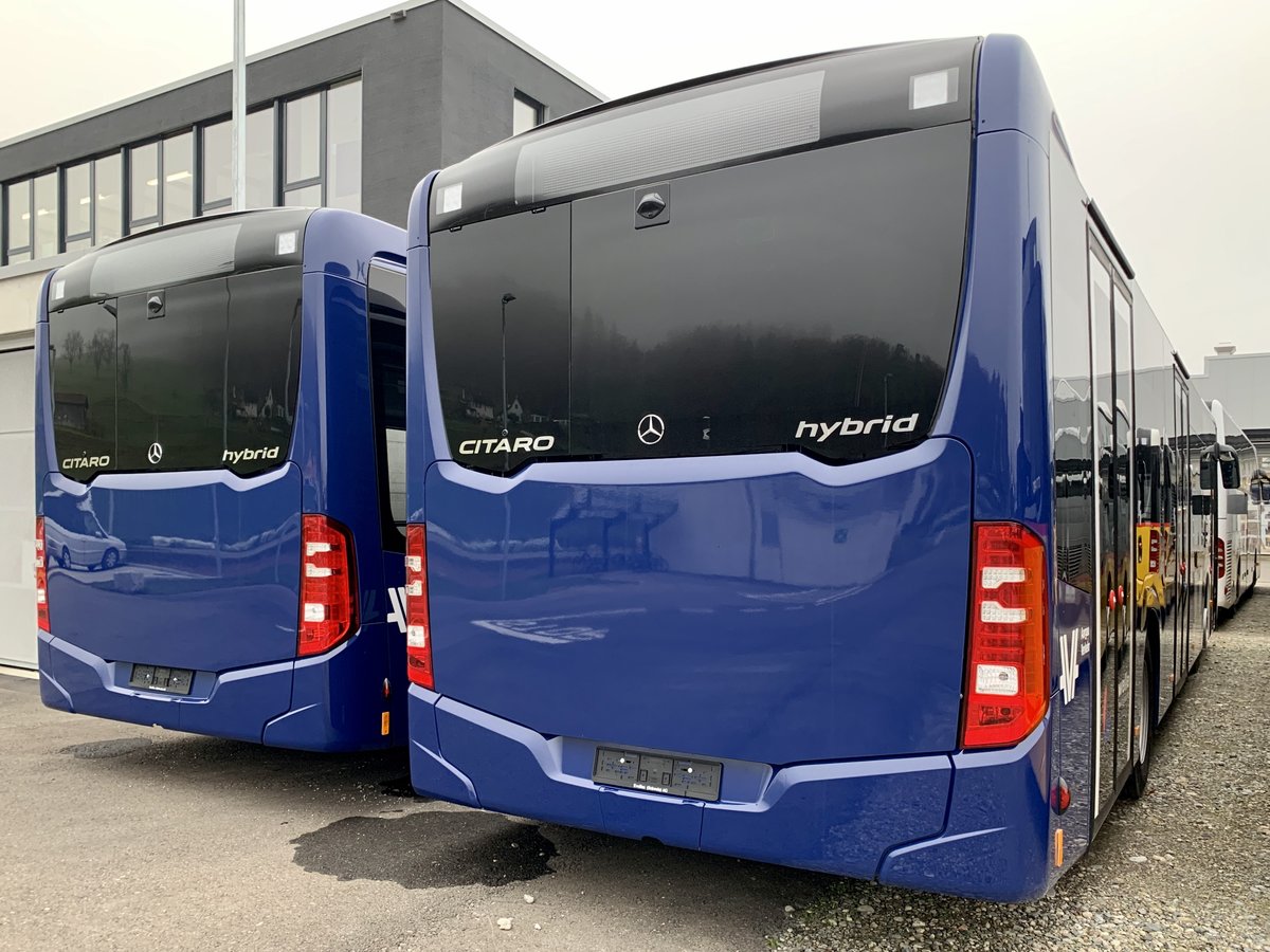 Heckansicht zweier MB C2 hybrid für Limmat Bus die am 11.11.20 bei Evobus in Winterthur stehen.