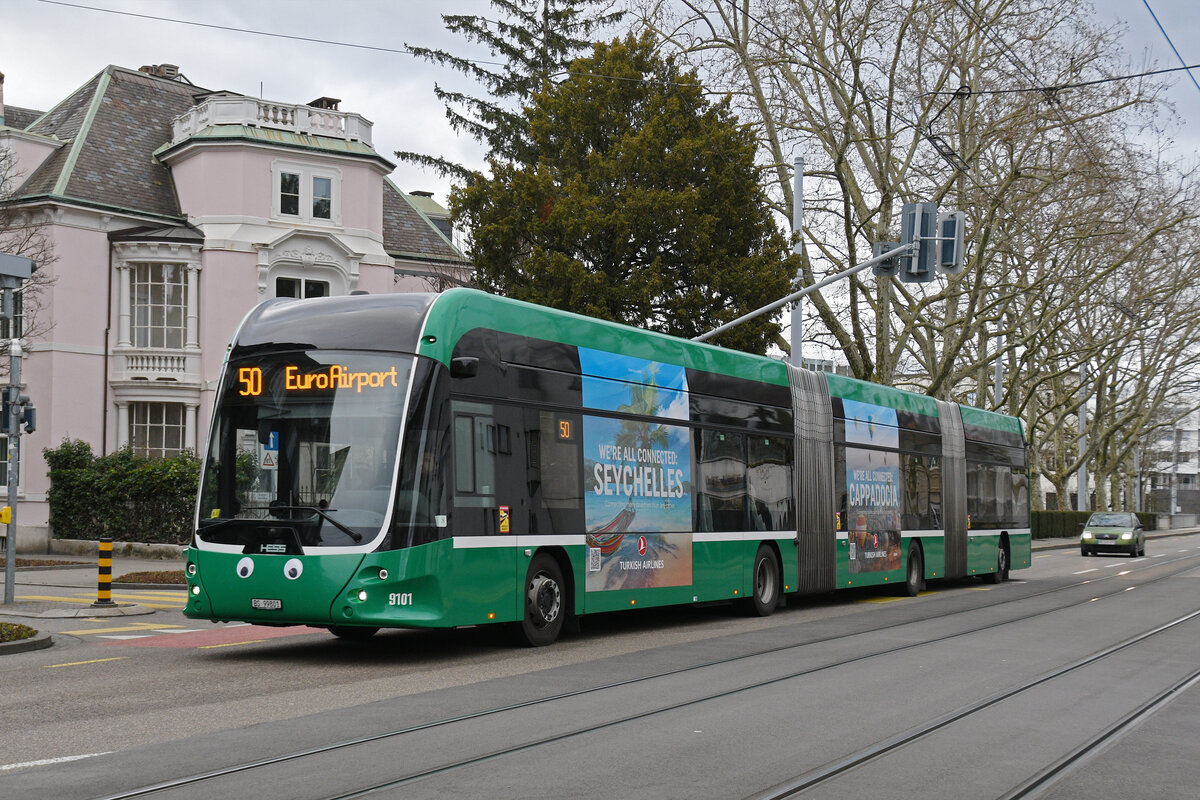 Hess Doppelgelenk Elektrobus 9101, auf der Linie 50, fährt am 23.02.2026 Richtung Haltestelle Brausebad. Aufnahme Basel.