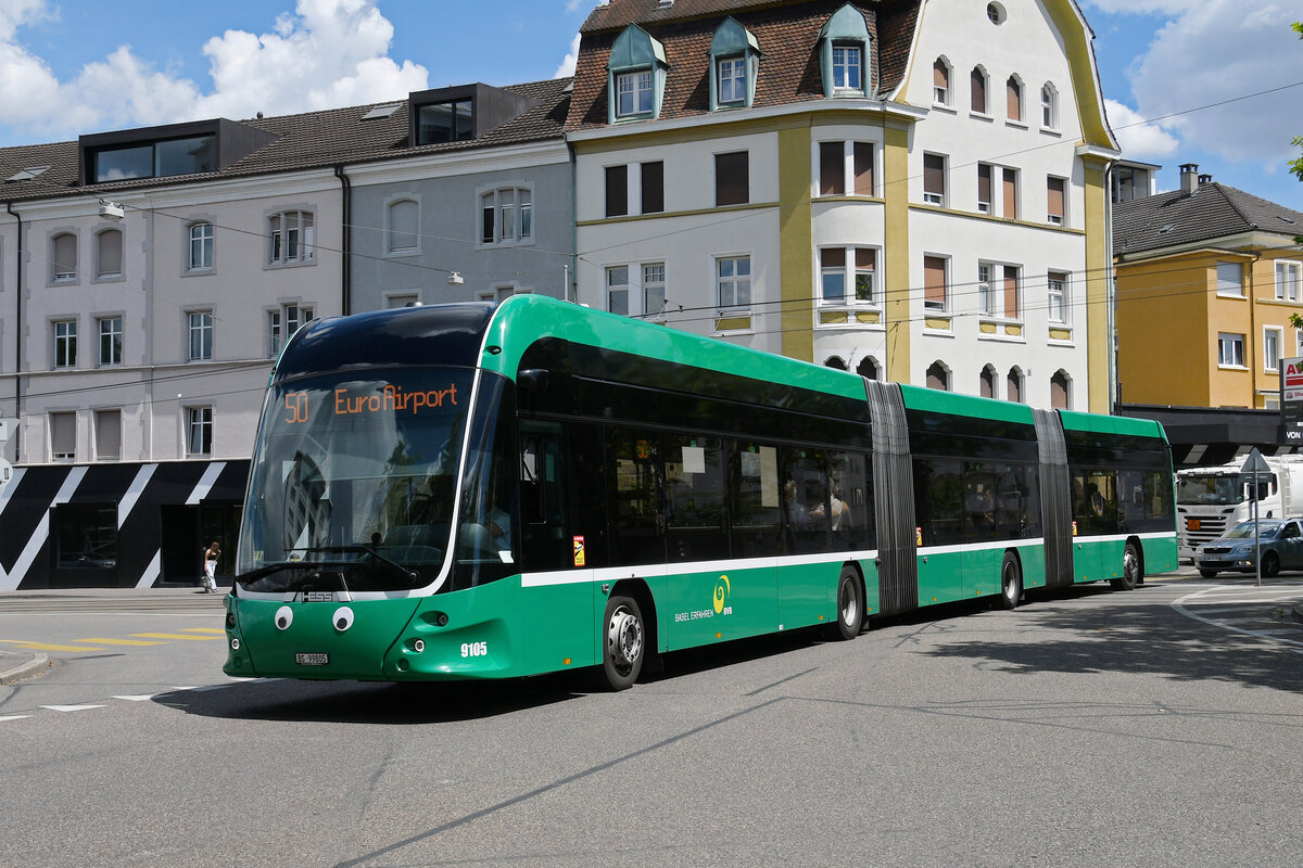 Hess Doppelgelenk Elektrobus 9105, auf der Linie 50, f�hrt am 01.06.2026 zur Haltestelle Kannenfeldplatz. Aufnahme Basel.