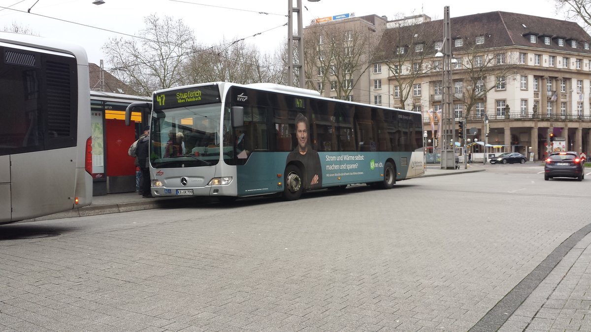 Hier der KA VK 799 der VBK auf der Buslinie 47 nach Stupferich über Palmbach. Gesichtet am 28.01.2018. am Hauptbahnhof in Karlsruhe.