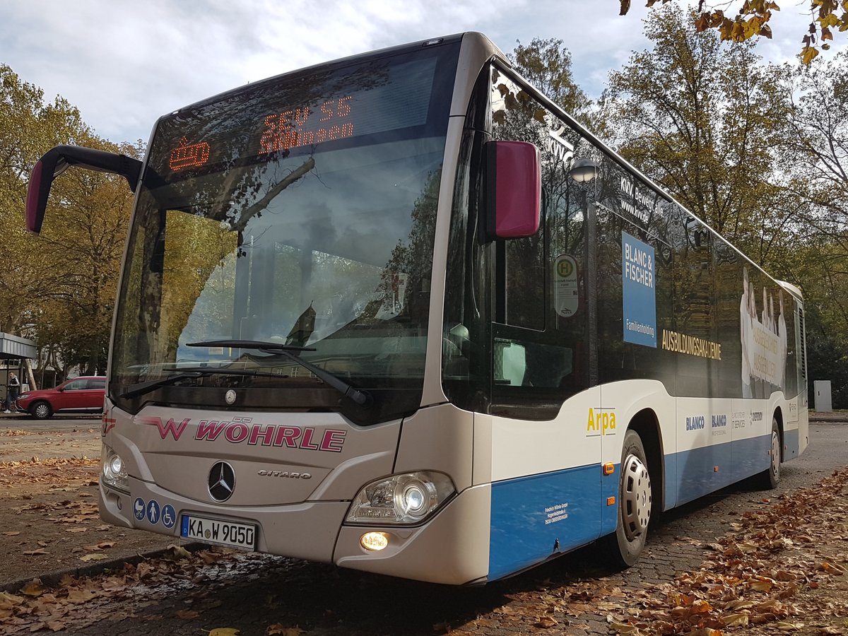 Hier ist der KA W 9050 von Wöhrle Reisen auf der SEV Linie S5 nach Söllingen im Einsatz. Gesichtet am 02 November 2019 am Bahnhof in Karlsruhe Durlach.
