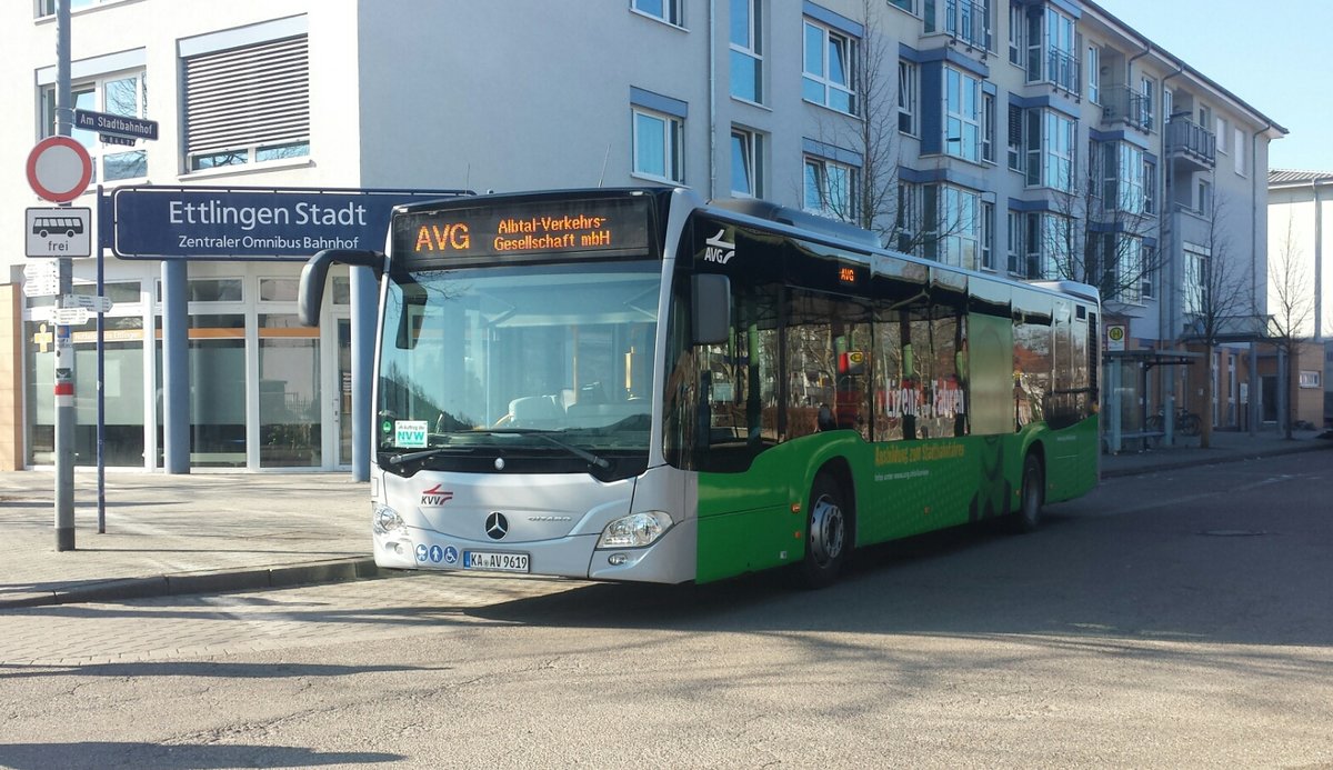 Hier der neue KA AV 9619 der AVG hier als Betriebsfahrt in den in der nähe liegenden Betriebshof in Ettlingen Stadt. Gesichtet am 14.02.2018.