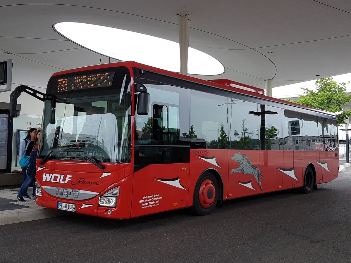 Hier ist der PF W 1084 von Wolfs Reisen auf der Buslinie 739 nach Wurmberg über die Pforzheimer Straße im Einsatz. Abgelichtet am 11.06.2019 am ZOB in Pforzheim.