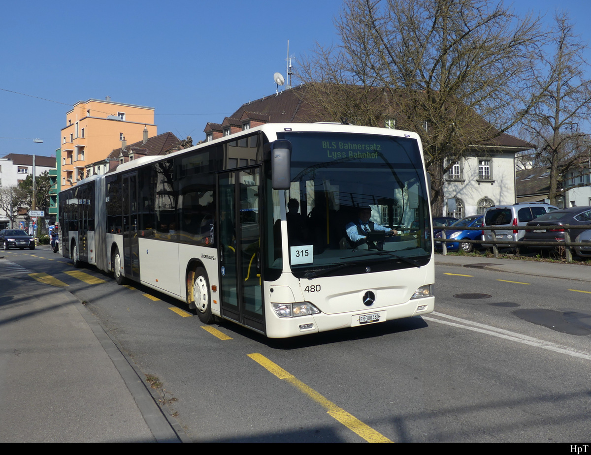 intertours - Mercedes Citaro  Nr.480 FR 300480 unterwegs in Biel als Bahnersatz für die BLS zwischen Biel und Lyss am 19.03.2022