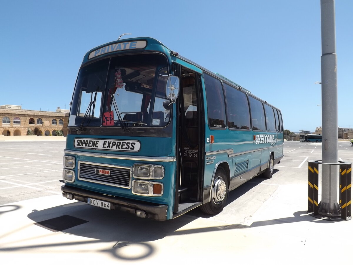KCY 864 is a Plaxton Supreme bodied Bedford YMT, new in 1980 as KBH 856V to Clarkes, London.
Operating as an unscheduled bus on Malta for Welcome Garage, it carried the registration Y-0864 when first imported.

This coach has returned to the UK for preservation.
Photographed on 31st May 2013 at Pembroke Park & Ride site, Malta.