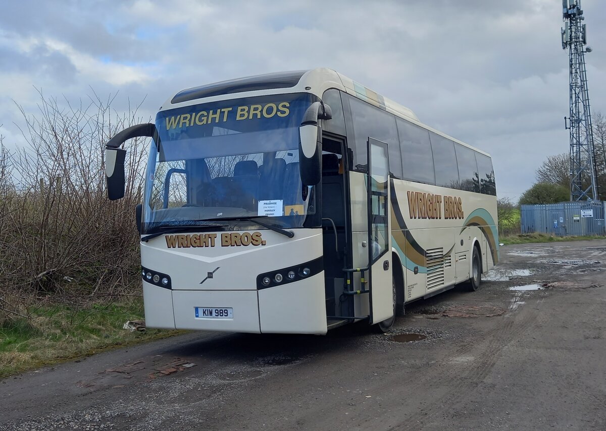 KIW 989
2017 Volvo B11R
Jonckheere JHV C53Ft
Wright Bros, Nenthead, Cumbria, UK.
New to Parks of Hamilton, Scotland, registered HSK 948, being allocated NK07 YEB, presumably when Parks sold it.

Photographed at their outstation at Blucher, Tyne & Wear, UK on 26th March 2023.
