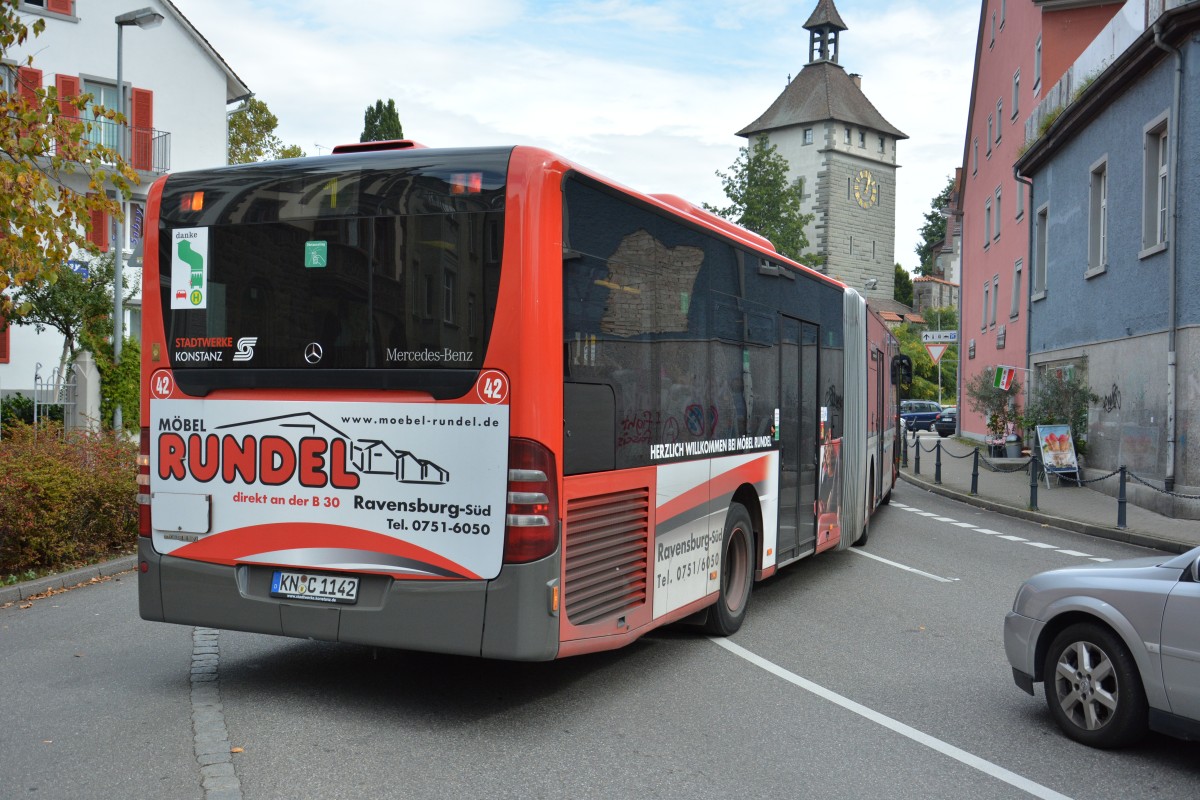 KN-C 1142 fährt am 06.10.2015 als Linie 1 durch Konstanz. Aufgenommen wurde ein Mercedes Benz Citaro Facelift / Stadtwerke Konstanz.