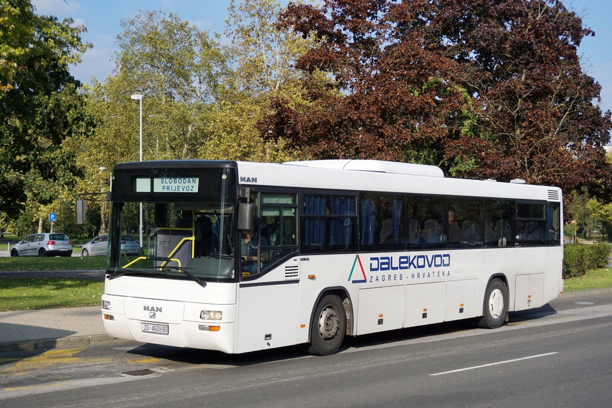 Kroatien / Bus Zagreb / Autobus Zagreb: MAN SÜ 313 von Dalekovod, aufgenommen im Oktober 2017 an der Haltestelle  Središće  im Stadtgebiet von Zagreb.