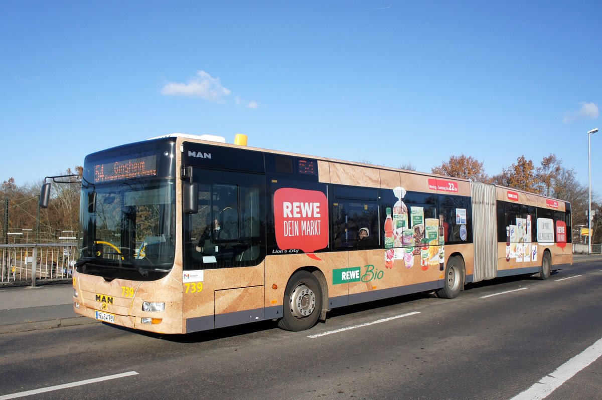Lokale Nahverkehrsgesellschaft mbH Kreis Groß-Gerau (LNVG) / Stadtbus Mainz: MAN Lion's City G der MVG Mainz / Mainzer Verkehrsgesellschaft, aufgenommen im November 2016 am Bahnhof von Mainz-Bischofsheim (Kreis Groß-Gerau).