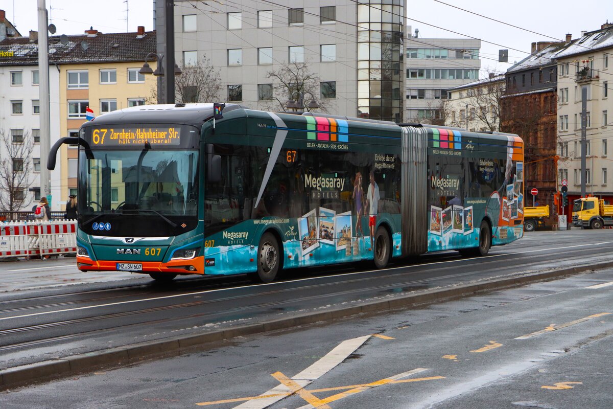 Mainzer Mobilität MAN eLions City Wagen 607 am 16.02.26 in Mainz Hauptbahnhof