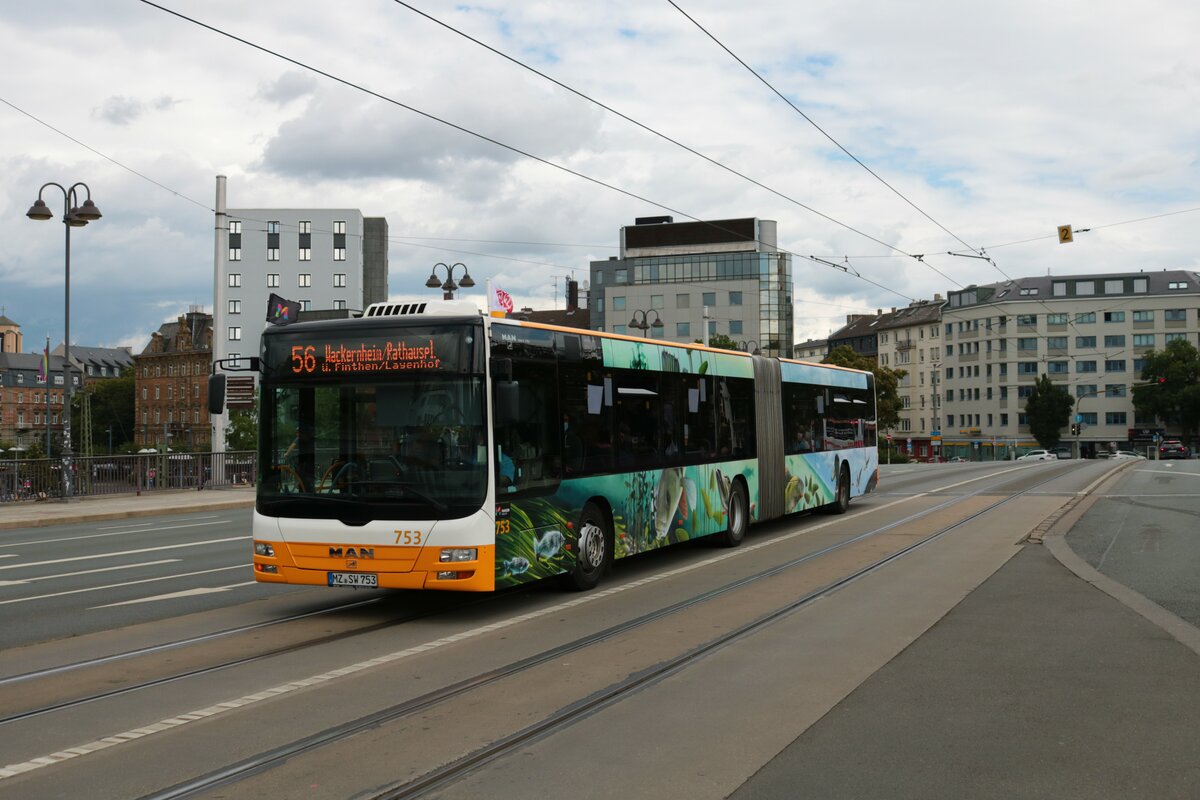 Mainzer Mobilität MAN Lions City G Wagen 753 am 10.08.21 am Hauptbahnhof mit neuen Öku Design