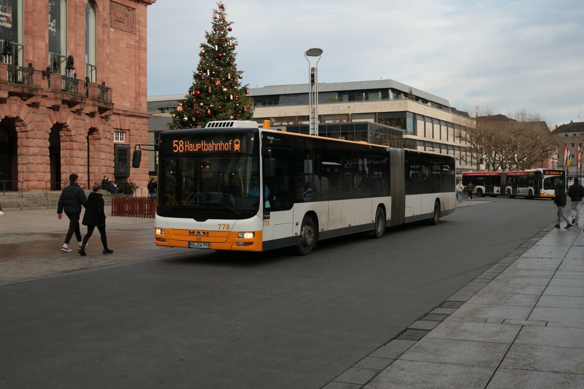 Mainzer Mobilität MAN Lions City Wagen 778 am 31.12.21 in Mainz Innenstadt