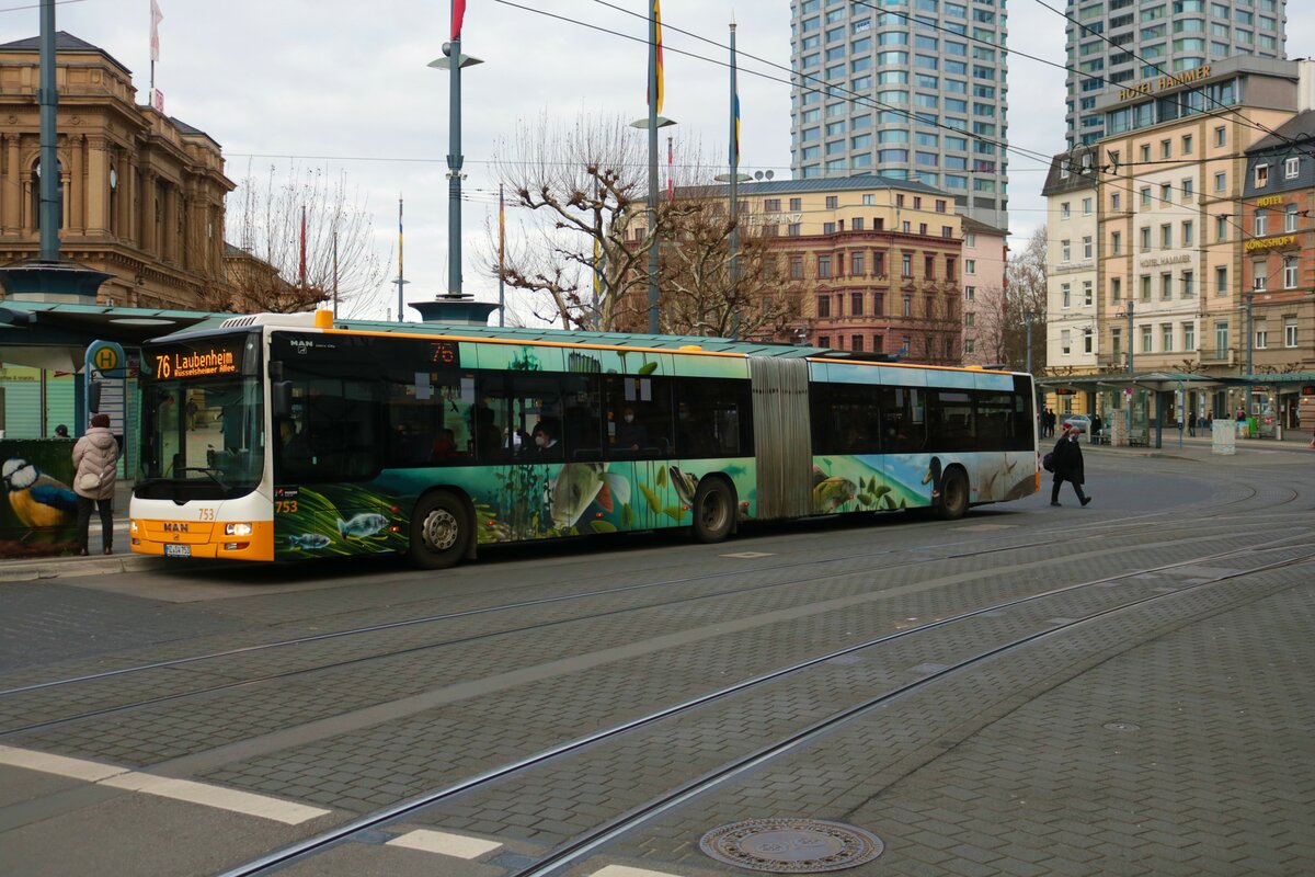Mainzer Mobilität MAN Lions City Wagen 753 am 11.01.21 in Mainz Innenstadt
