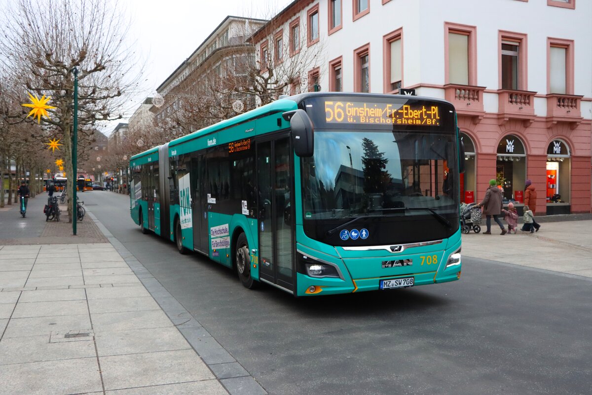 Mainzer Mobilität MAN Lions City Wagen 708 am 31.12.25 am Höfchen in der Innenstadt