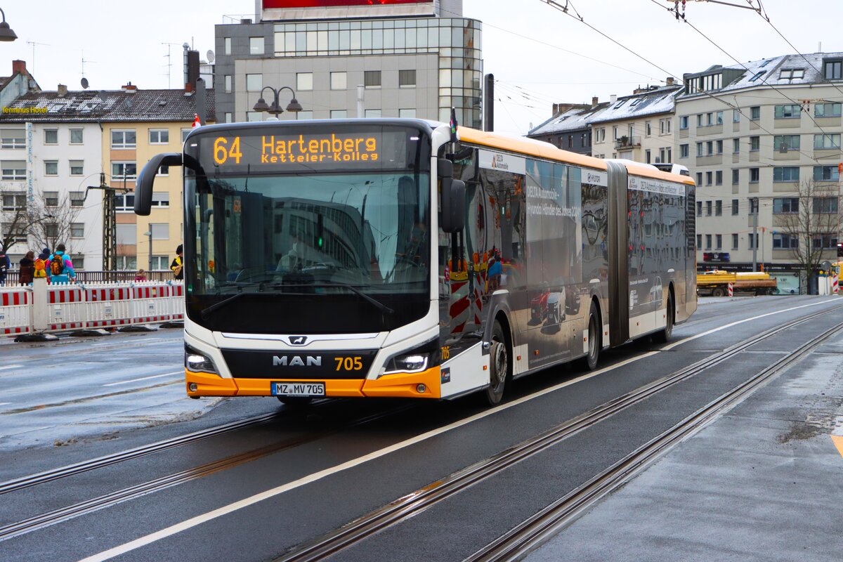 Mainzer Mobilität MAN Lions City Wagen 705 am 16.02.26 in Mainz Hauptbahnhof 