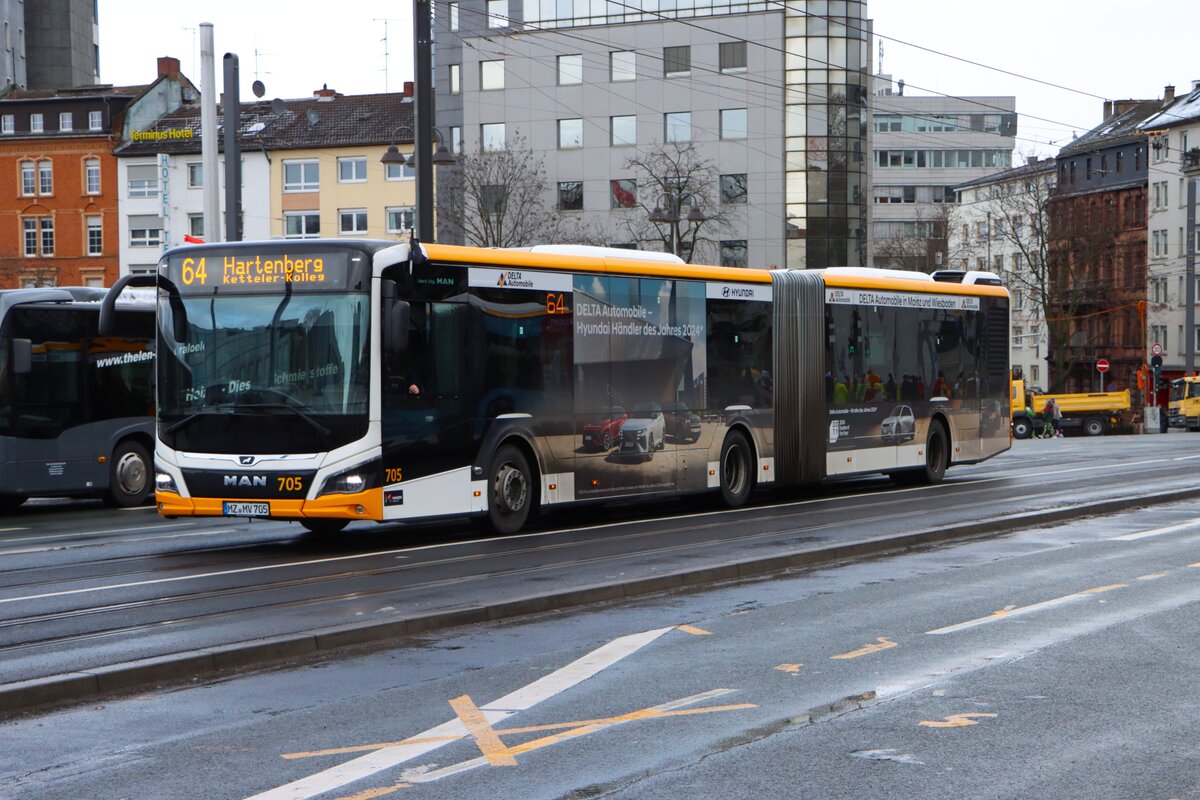 Mainzer Mobilität MAN Lions City Wagen 705 am 16.02.26 in Mainz Hauptbahnhof