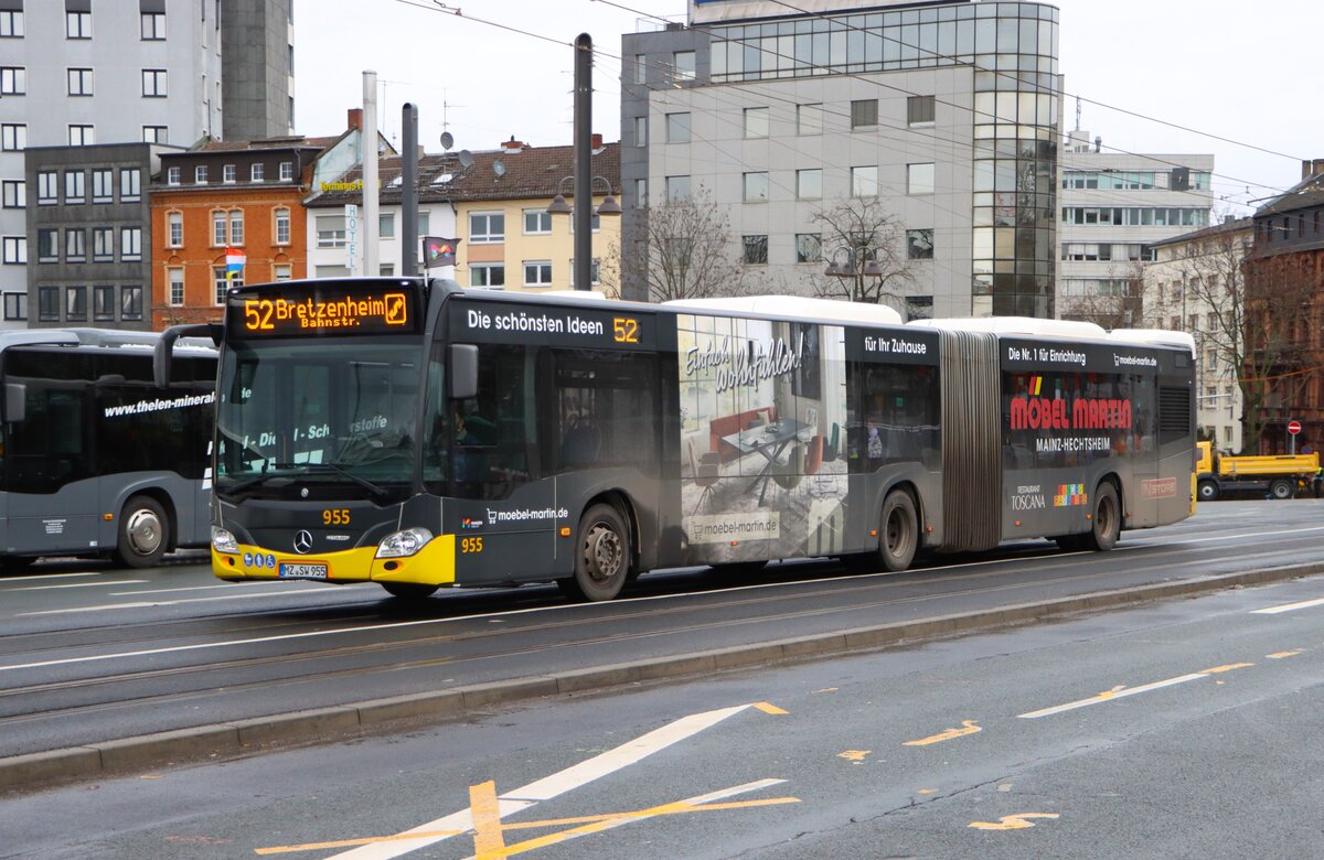 Mainzer Mobilität Mercedes Benz Citaro 2 G Wagen 955 am 16.02.26 in Mainz Hauptbahnhof